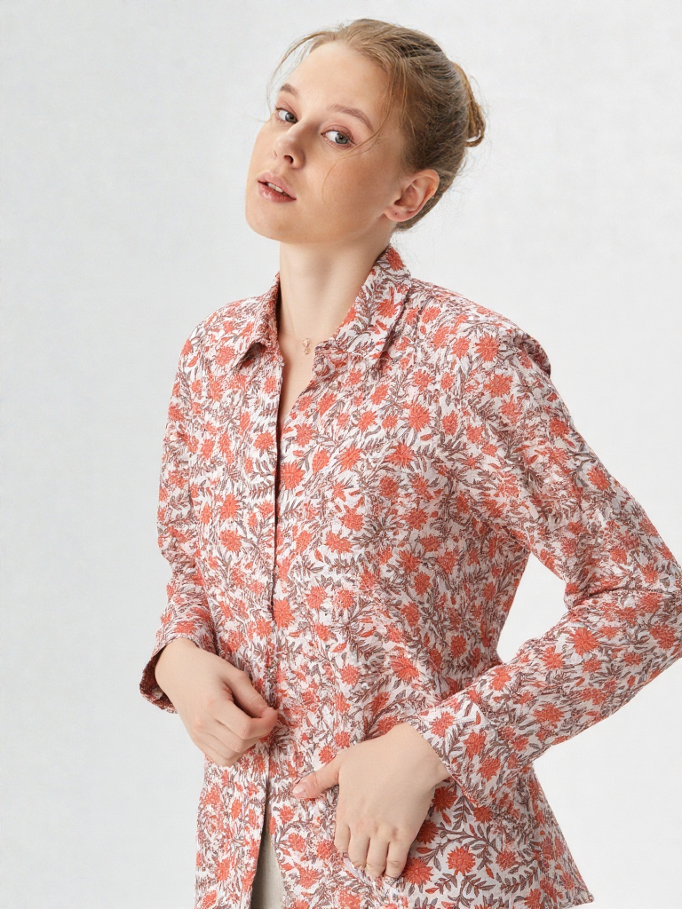 Camicia Unisex Medium Fiori Arancioni in Light Cotton