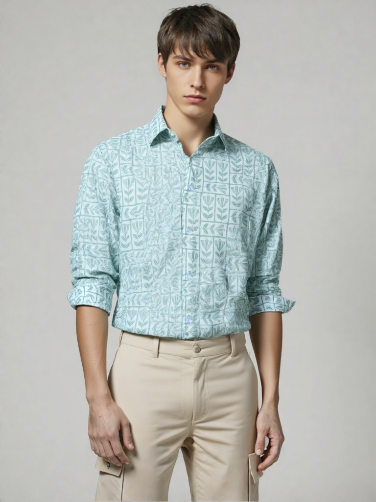 Camicia Unisex Small Verde Leggero Floreale in Light Cotton