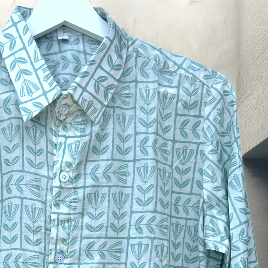 Camicia Unisex Small Verde Leggero Floreale in Light Cotton