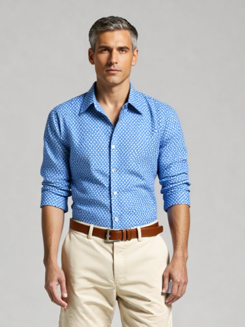 Camicia Unisex Large Blu Geometrica in Light Cotton