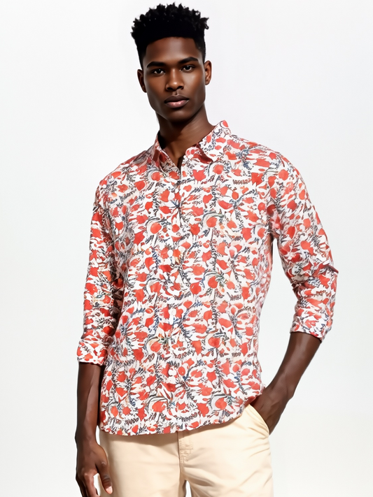 Camicia Unisex Medium Fiori Arancioni in Light Cotton