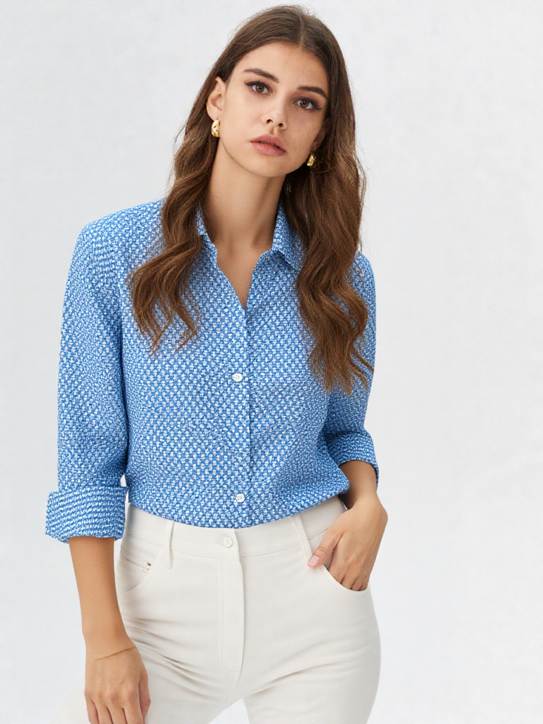 Camicia Unisex Large Blu Geometrica in Light Cotton